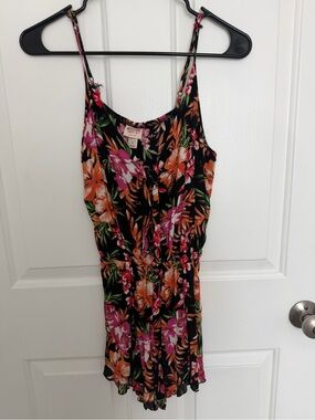 Mossimo Supply Co. Black Floral Tropical Romper with Pink & Orange Flowers